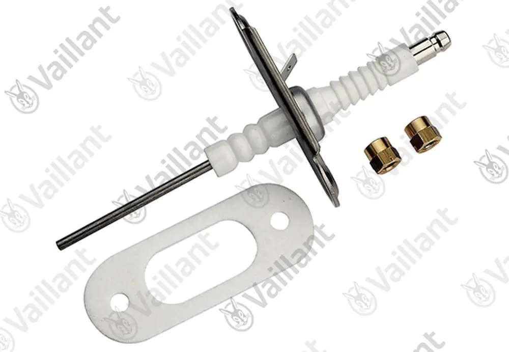 Vaillant Elektrode zur Überwachung, weißer keramischer Teil mit metallischen und Kunststoffkomponenten, inklusive zwei Verbindungselemente und einer Dichtung.